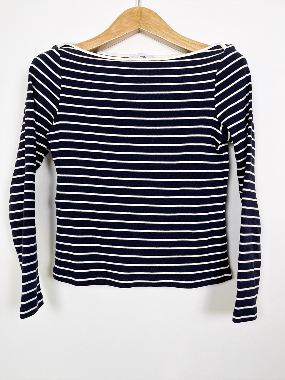 Mango Women’s Navy & White Striped Cotton Long Sleeve Boatneck‎ Top Size Medium
